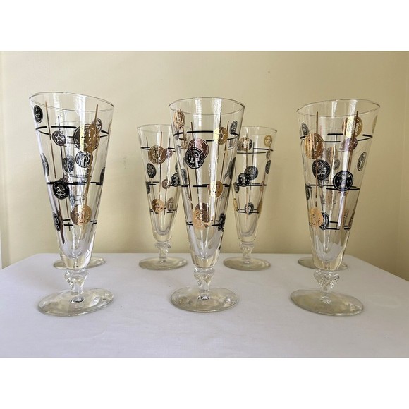 Vintage Libbey Pilsner Beer Glasses Barware 10 oz Coins Black Gold Lot of 7 - Picture 2 of 12